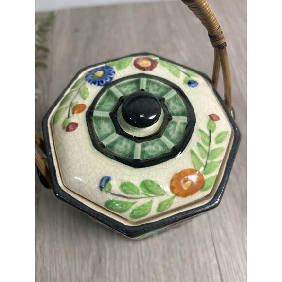 Vintage Porcelain Jar W/ Lid & Wicker Rattan Handle Floral Tea Caddy - Picture 5 of 13